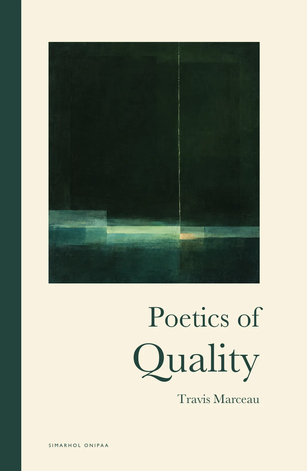 Cream cover with a dark abstract painting and forest green lettering